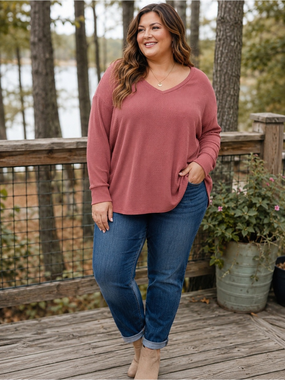 CJ Banks Dusty Rose Waffle-Knit V-Neck Long Sleeve Top